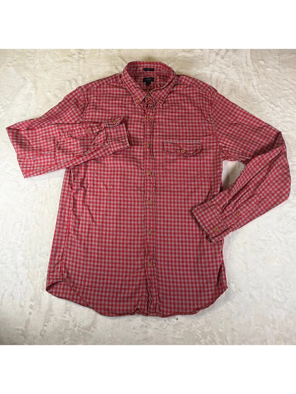 J.Crew Slim Mens M Red Gray Gingham Button-Down Shirt Cotton